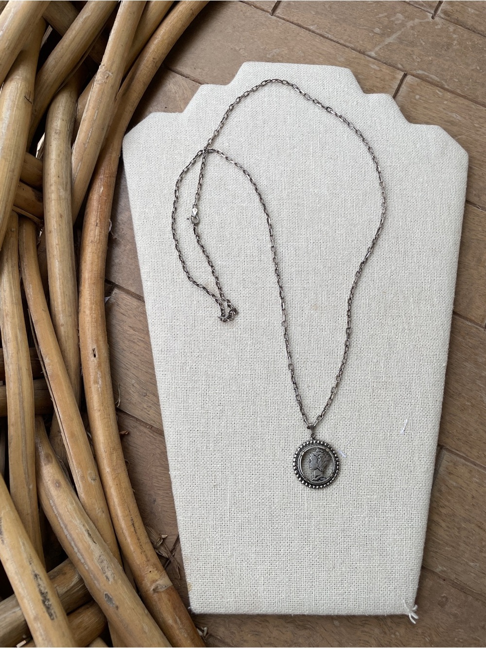 Long Sterling vintage chain & Silver Coin Pendant Necklace - Women Jewelry
